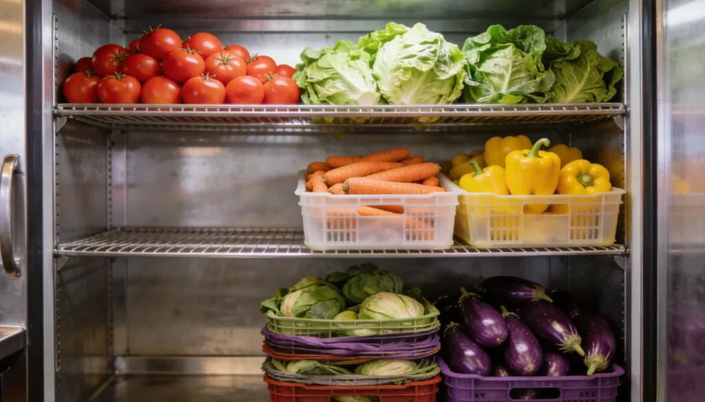 Organized restaurant produce cooler with fresh vegetables for produce inventory management