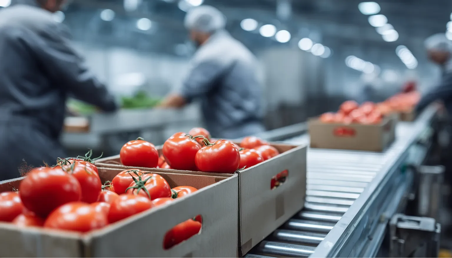 Tomatoes moving through a produce distribution facility as part of the produce supply chain